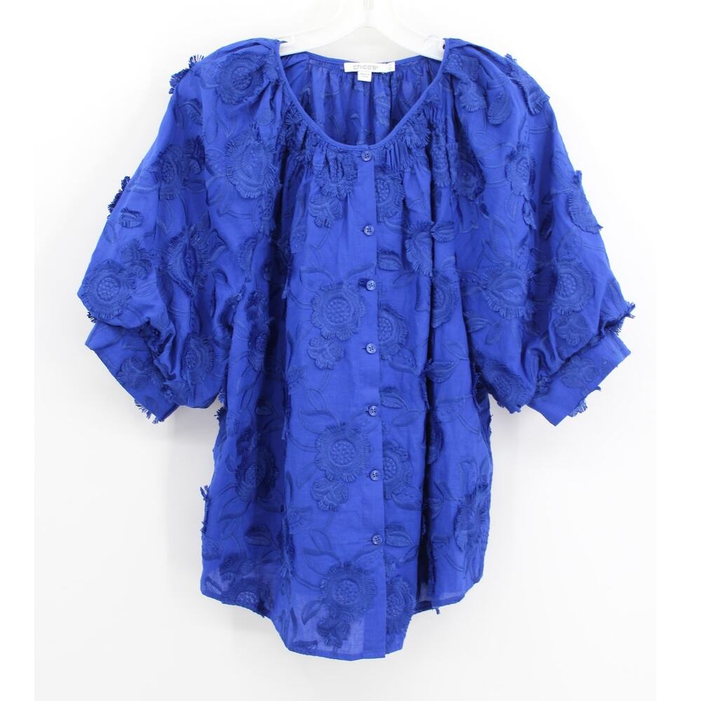 Chico's 3 Cobalt Blue Embroidered Textured Floral Button-Front Blouse
